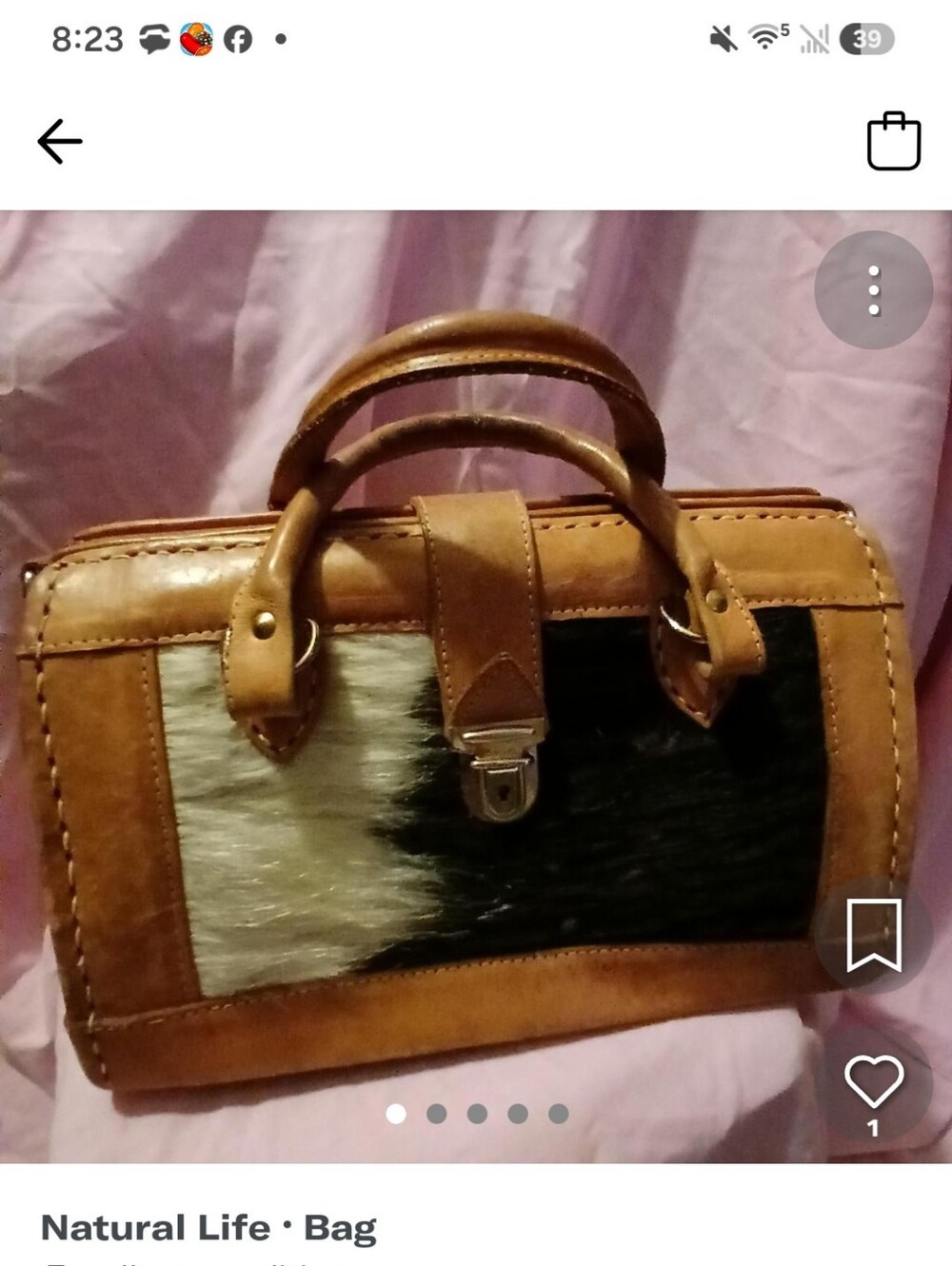 NATURAL LIFE Tan Leather Satchel with Black-and-White Cowhide Panel